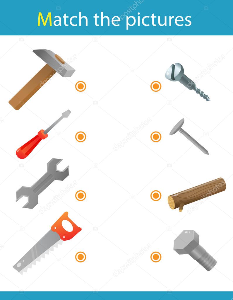Matching game, education game for children. Puzzle for kids. Match the right object. Set of tools. Hammer, saw,  wrench, screwdriver.
