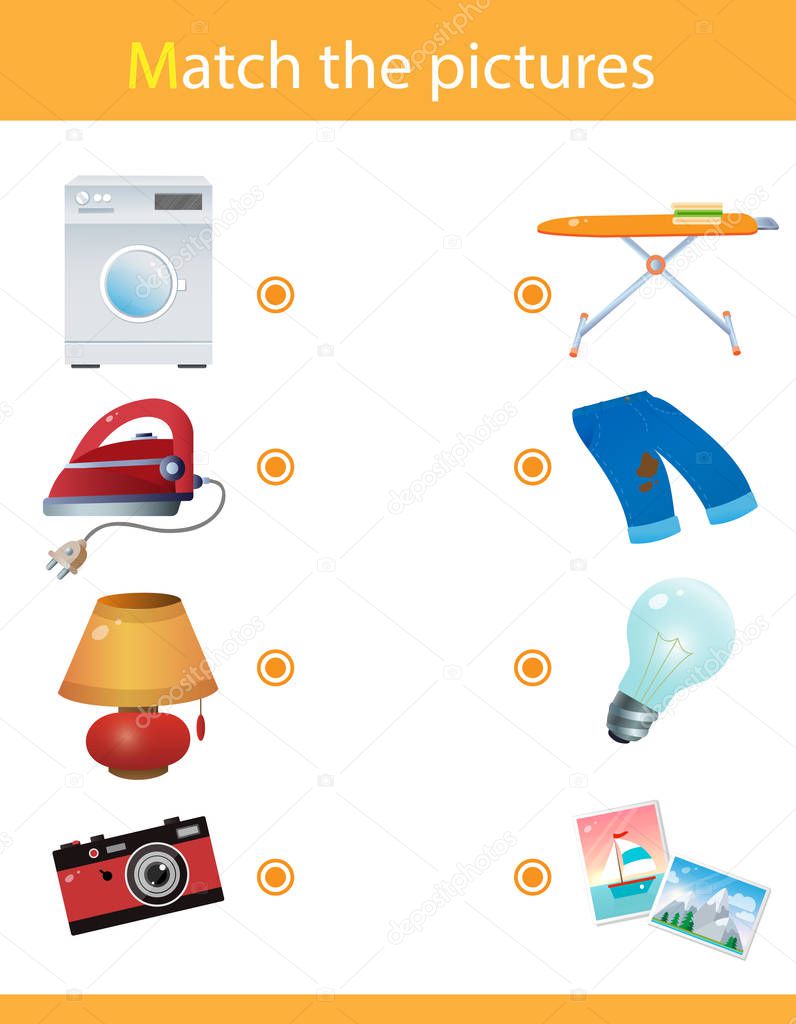 Matching game, education game for children. Puzzle for kids. Match the right object. Set of electrical appliances. Washing machine, iron, lamp, camera.