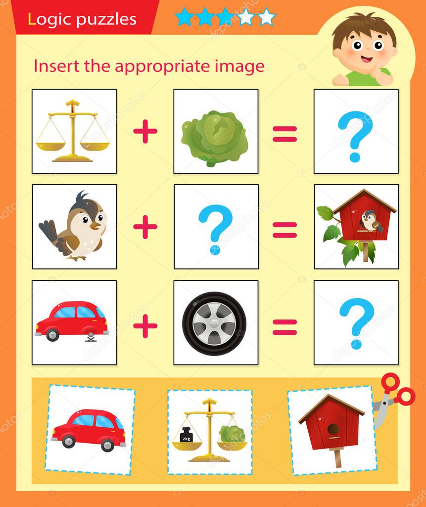 Logic puzzle for kids. Matching game, education game for children. Match the right object. Worksheet vector design for preschoolers.