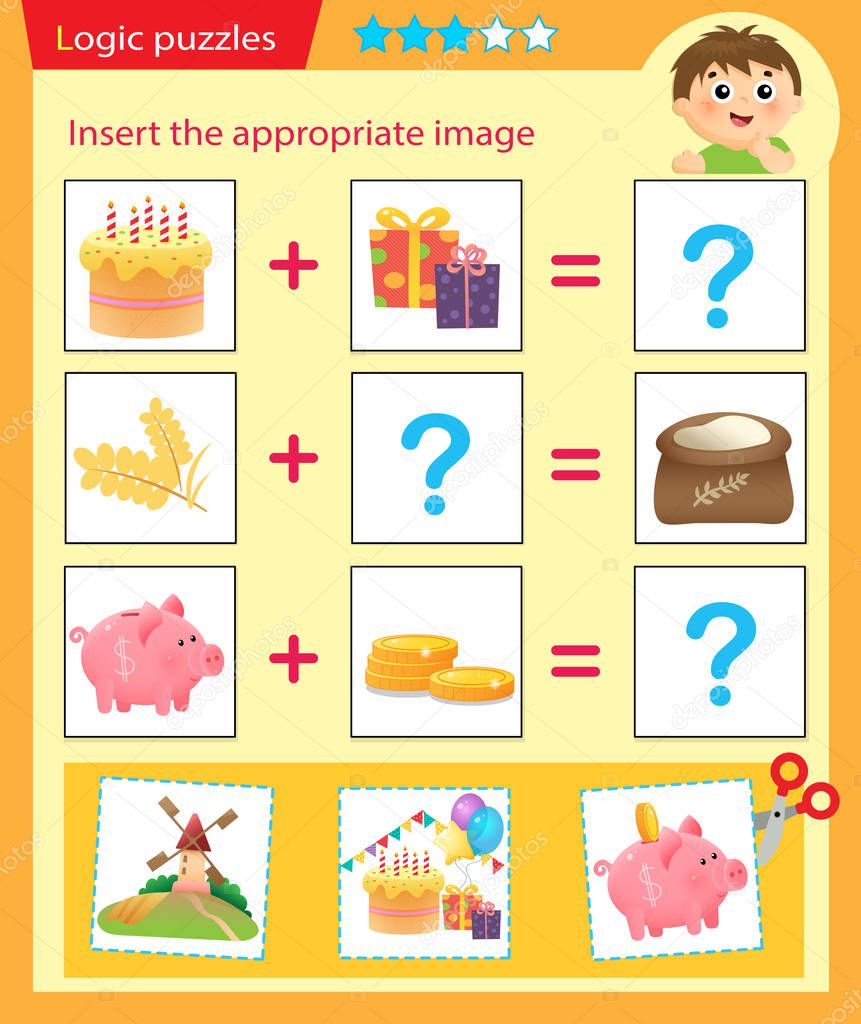 Logic puzzle for kids. Matching game, education game for children. Match the right object. Worksheet vector design for preschoolers.