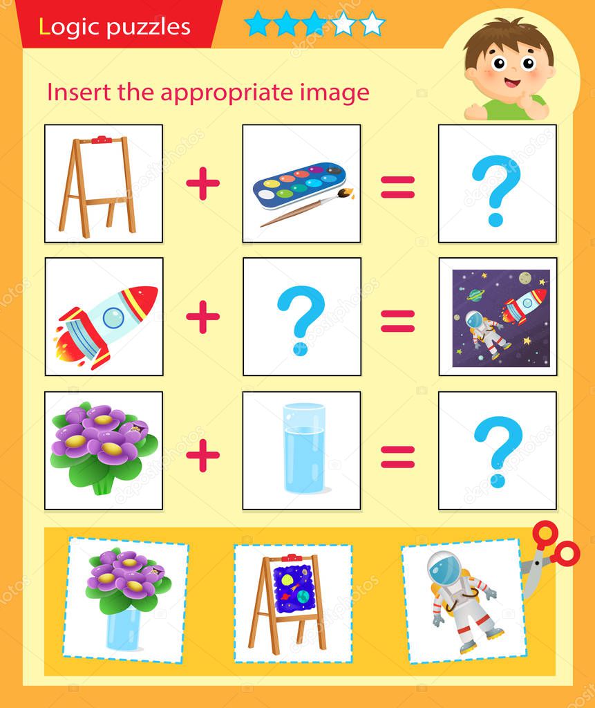 Logic puzzle for kids. Matching game, education game for children. Match the right object. Worksheet vector design for preschoolers.