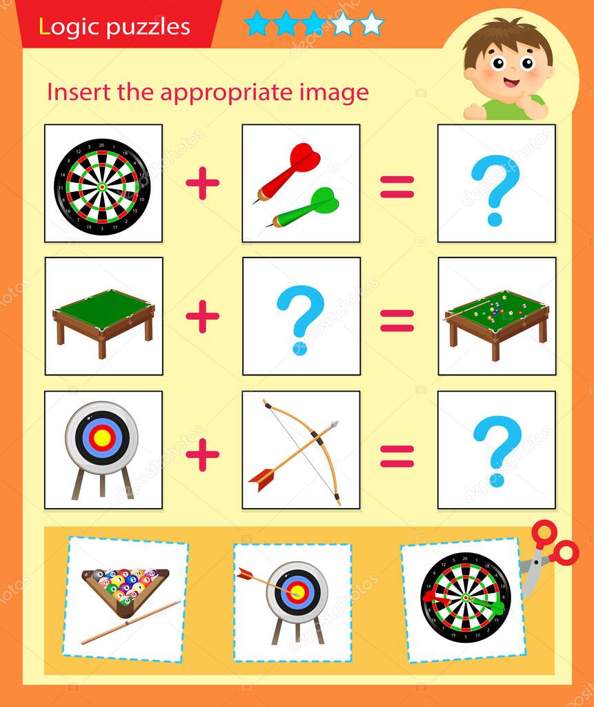 Logic puzzle for kids. Matching game, education game for children. Match the right object. Worksheet vector design for preschoolers.