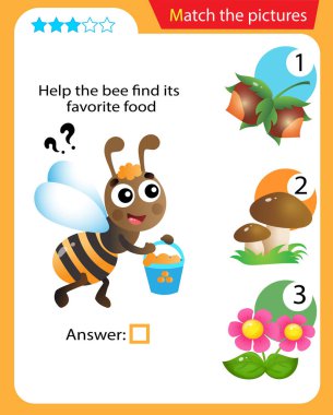Matching game, education game for children. Puzzle for kids. Match the right object. Help the bee find its favorite food.