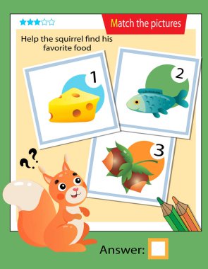 Matching game, education game for children. Puzzle for kids. Match the right object. Help the squirrel find his favorite food.