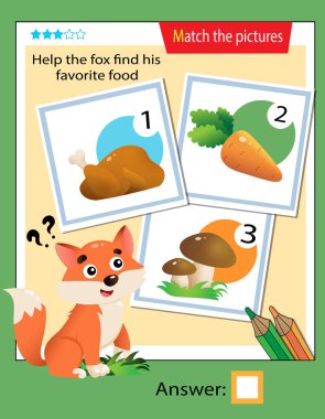 Matching game, education game for children. Puzzle for kids. Match the right object. Help the fox find his favorite food.