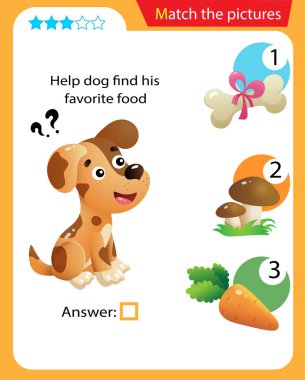 Matching game, education game for children. Puzzle for kids. Match the right object. Help the dog find his favorite food.