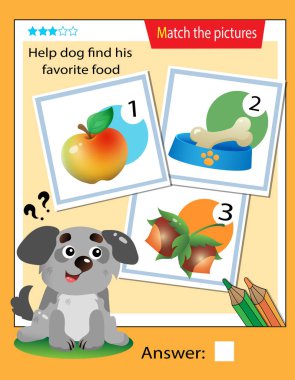 Matching game, education game for children. Puzzle for kids. Match the right object. Help the dog find his favorite food.