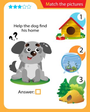 Matching game, education game for children. Puzzle for kids. Match the right object. Help the dog find his home.