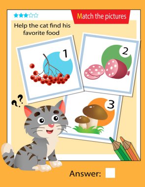 Matching game, education game for children. Puzzle for kids. Match the right object. Help the cat find his favorite food.