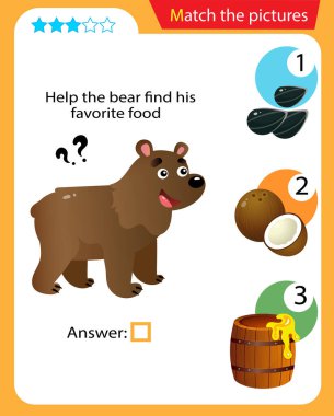 Matching game, education game for children. Puzzle for kids. Match the right object. Help the bear find his favorite food.