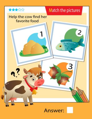 Matching game, education game for children. Puzzle for kids. Match the right object. Help the cow find her favorite food.
