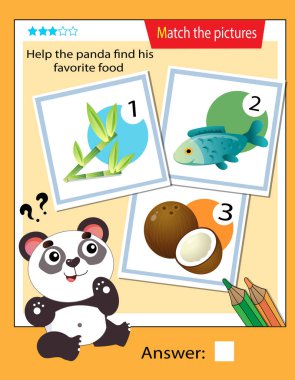 Matching game, education game for children. Puzzle for kids. Match the right object. Help the panda find his favorite food.