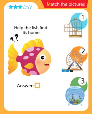 Matching game, education game for children. Puzzle for kids. Match the right object. Help the fish find its home.