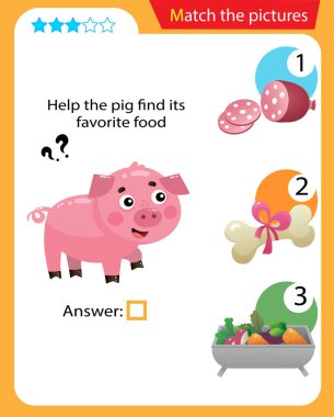 Matching game, education game for children. Puzzle for kids. Match the right object. Help the pig find its favorite food.