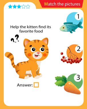 Matching game, education game for children. Puzzle for kids. Match the right object. Help the cat find his favorite food.