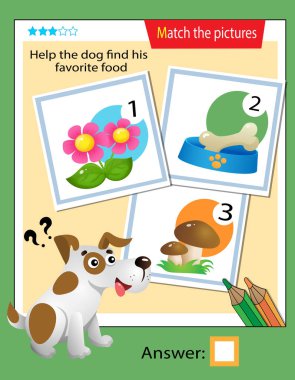 Matching game, education game for children. Puzzle for kids. Match the right object. Help the dog find his favorite food.