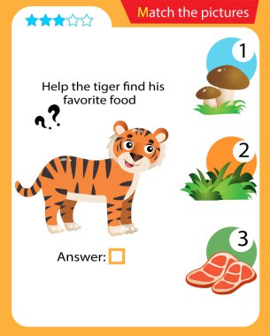 Matching game, education game for children. Puzzle for kids. Match the right object. Help the tiger find his favorite food.