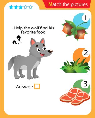 Matching game, education game for children. Puzzle for kids. Match the right object. Help the wolf find his favorite food.