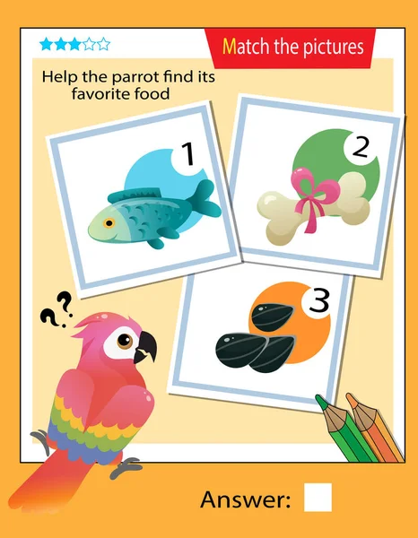 Matching game, education game for children. Puzzle for kids. Match the right object. Help the parrot find its favorite food.