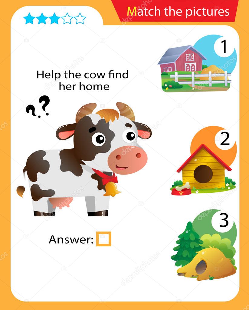 Matching game, education game for children. Puzzle for kids. Match the right object. Help the cow find her home.