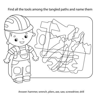 Çocuklar için bulmaca oyunu. Karışık yolların arasındaki tüm araçları bul. Çekiç, anahtar, kerpeten, balta, testere, tornavida, matkap. Çocuklar için boyama kitabı.