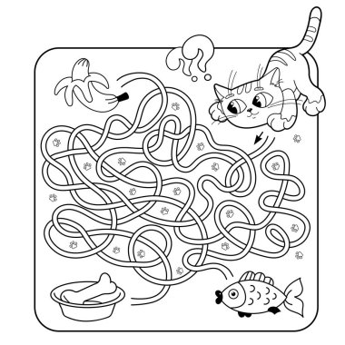 Okul öncesi çocuklar için labirent ya da labirent oyunu. Bulmaca. Karışık Yol. Eşleştirme Oyunu. Çizgi film kedisinin yemek karikatürünü boyama sayfası. Çocuklar için boyama kitabı.