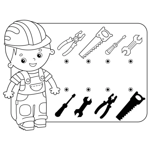 Puzzle Game Bambini Trova Ombra Corretta Lavoratore Con Set Strumenti — Vettoriale Stock