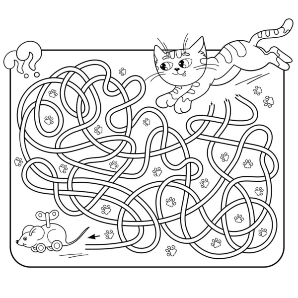学龄前儿童迷宫或迷宫游戏 缠绕着路 匹配游戏 鼠标绘制卡通猫的页面轮廓 儿童彩色书 — 图库矢量图片