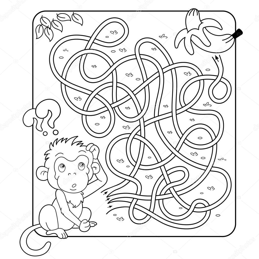 Maze or Labyrinth Game for Preschool Children. Puzzle. Tangled Road. Matching Game. Coloring Page Outline Of Cartoon Monkey with banana. Coloring book for kids. 