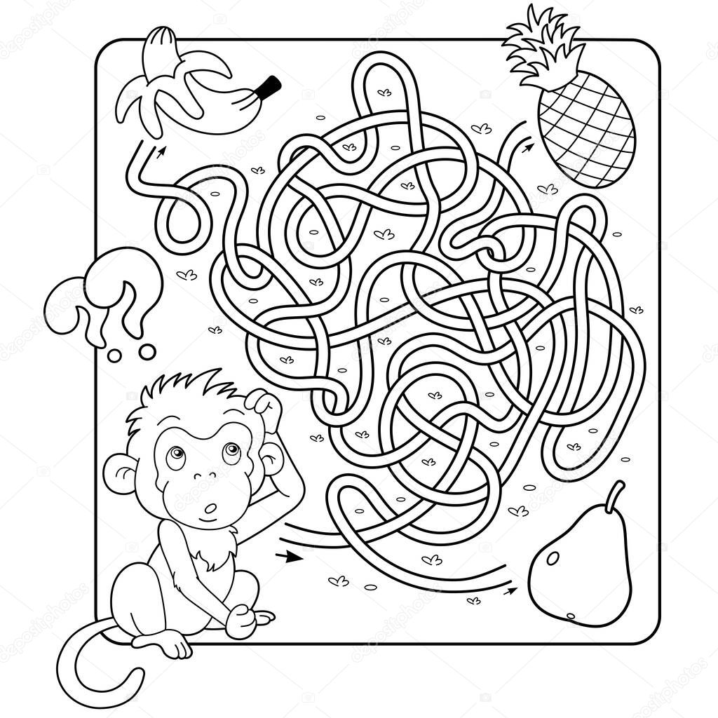 Maze or Labyrinth Game for Preschool Children. Puzzle. Tangled Road. Matching Game. Coloring Page Outline Of Cartoon Monkey with banana, pineapple and pear. Coloring book for kids. 