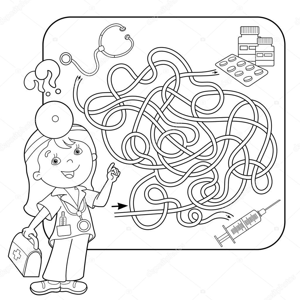 Maze or Labyrinth Game for Preschool Children. Puzzle. Tangled Road. Matching Game. Coloring Page Outline Of Cartoon Doctor with medical tools. Coloring book for kids.