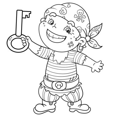 Çizgi film korsanının ana hatlarını hazine sandığı anahtarıyla boyamak. Çocuklar için boyama kitabı.