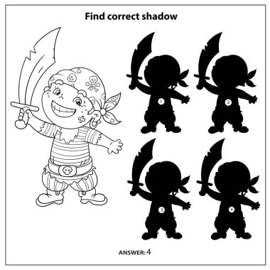 Doğru gölgeyi bul. Çocuklar için bulmaca oyunu. Çizgi film korsanının boyama sayfası. Çocuklar için boyama kitabı.
