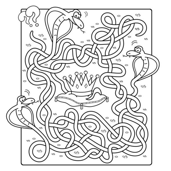 学龄前儿童迷宫或迷宫游戏 缠绕着路 谁的王冠 用皇家验尸官给卡通蛇配色 儿童彩色书 — 图库矢量图片