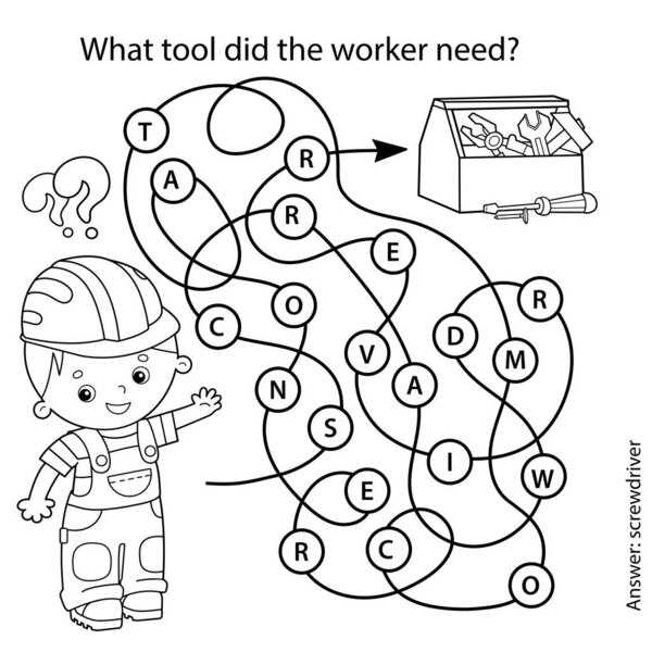 Maze or Labyrinth Game for Preschool Children. Puzzle. Tangled Road. Matching Game. Coloring Page Outline Of Cartoon Worker with tools. Coloring book for kids.
