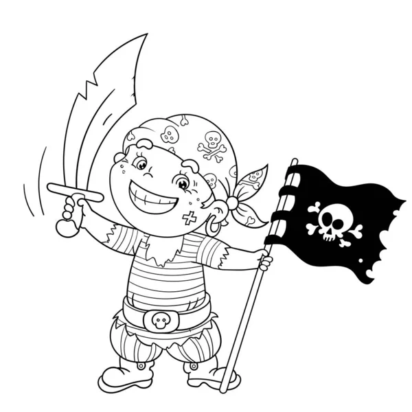 Desenho Página Colorir Pirata Dos Desenhos Animados Com Sabre Bandeira — Vetor de Stock
