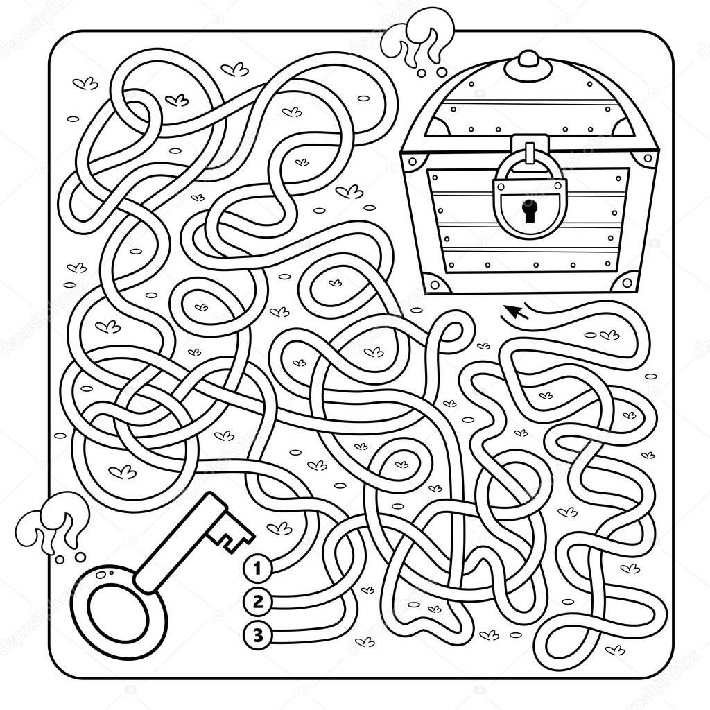 Maze or Labyrinth Game for Preschool Children. Puzzle. Tangled Road.  Coloring Page Outline Of Cartoon key and closed treasure chest. Coloring book for kids