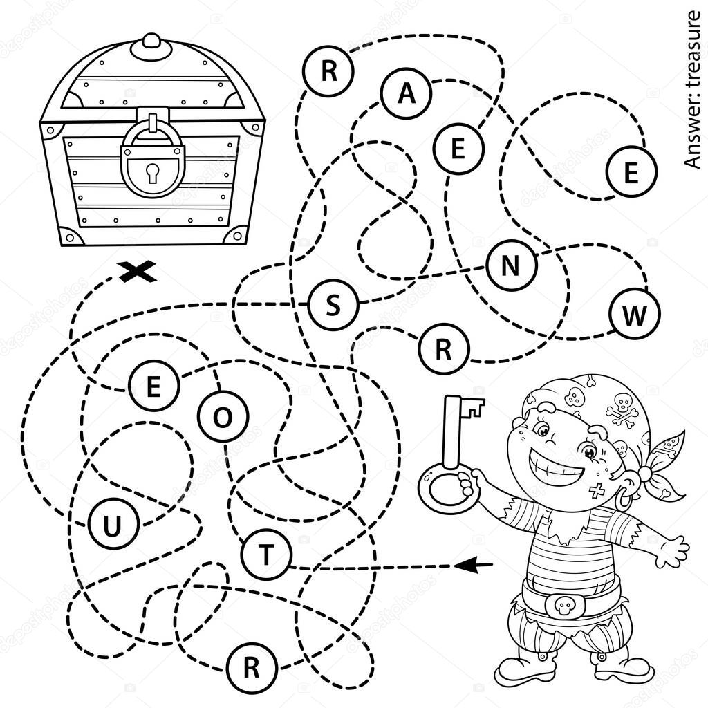 Maze or Labyrinth Game for Preschool Children. Puzzle. Tangled Road.  Coloring Page Outline Of Cartoon Pirate with key and closed treasure chest. Coloring book for kids