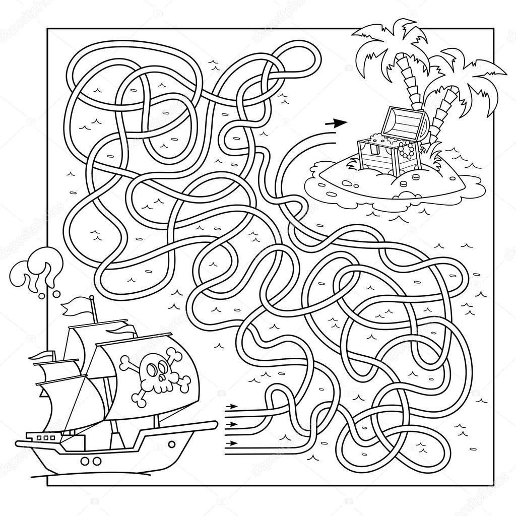 Maze or Labyrinth Game for Preschool Children. Puzzle. Tangled Road. Matching Game. Coloring Page Outline Of Cartoon Pirate ship with island of treasure. Coloring book for kids.