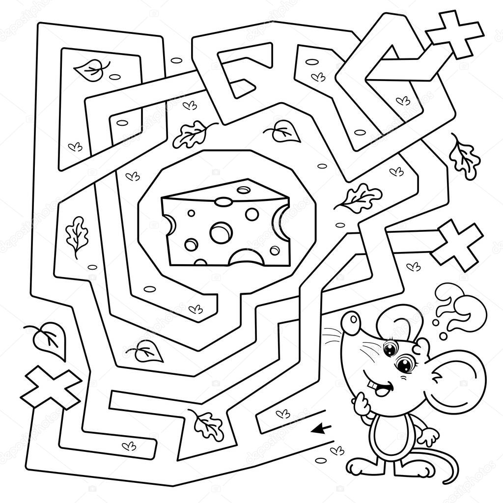 Maze or Labyrinth Game for Preschool Children. Puzzle. Tangled Road. Matching Game. Coloring Page Outline Of Cartoon mouse with cheese. Coloring book for kids.