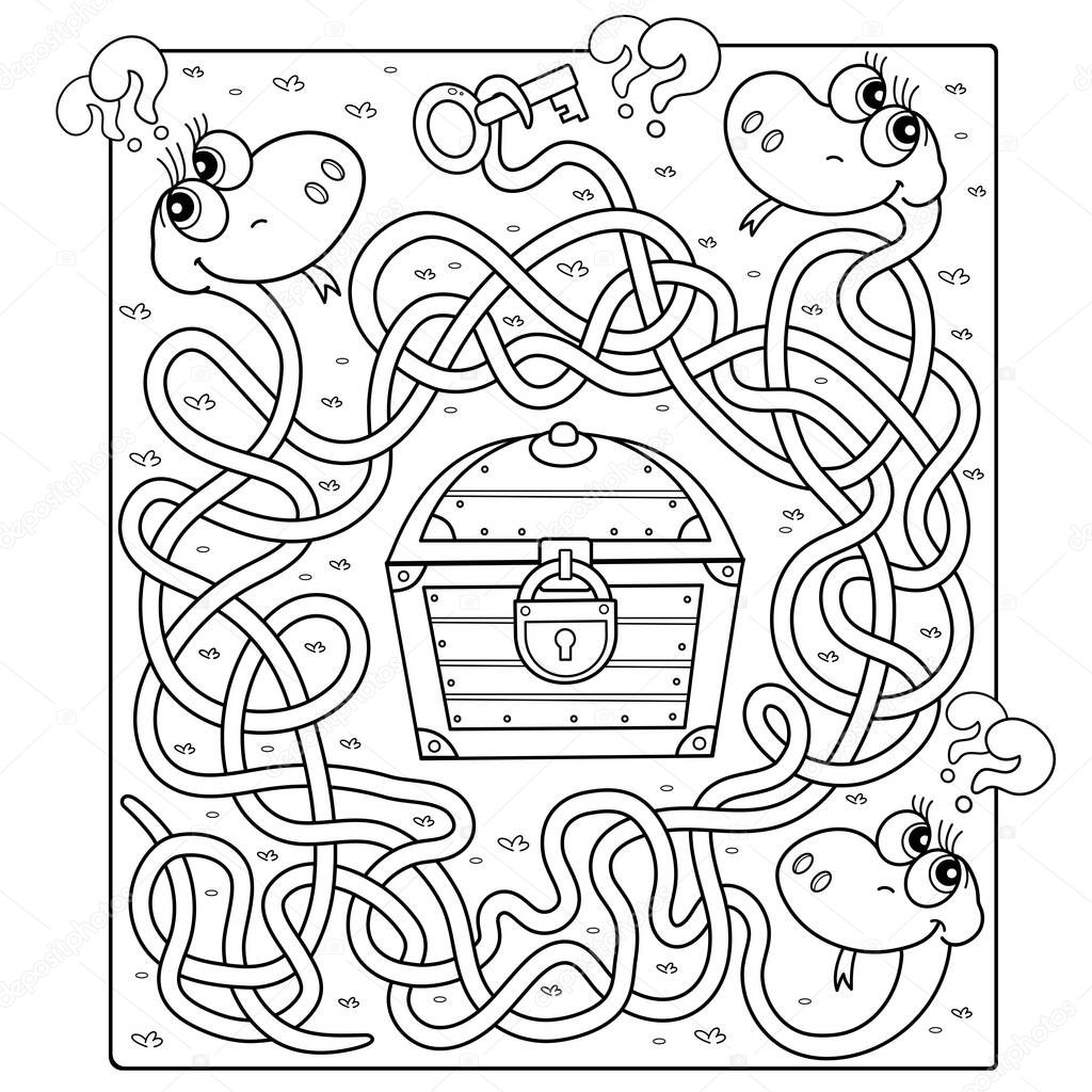 Maze or Labyrinth Game for Preschool Children. Puzzle. Tangled Road. Whose key to the treasure? Coloring Page Outline Of Cartoon Snakes with treasure chest. Coloring book for kids