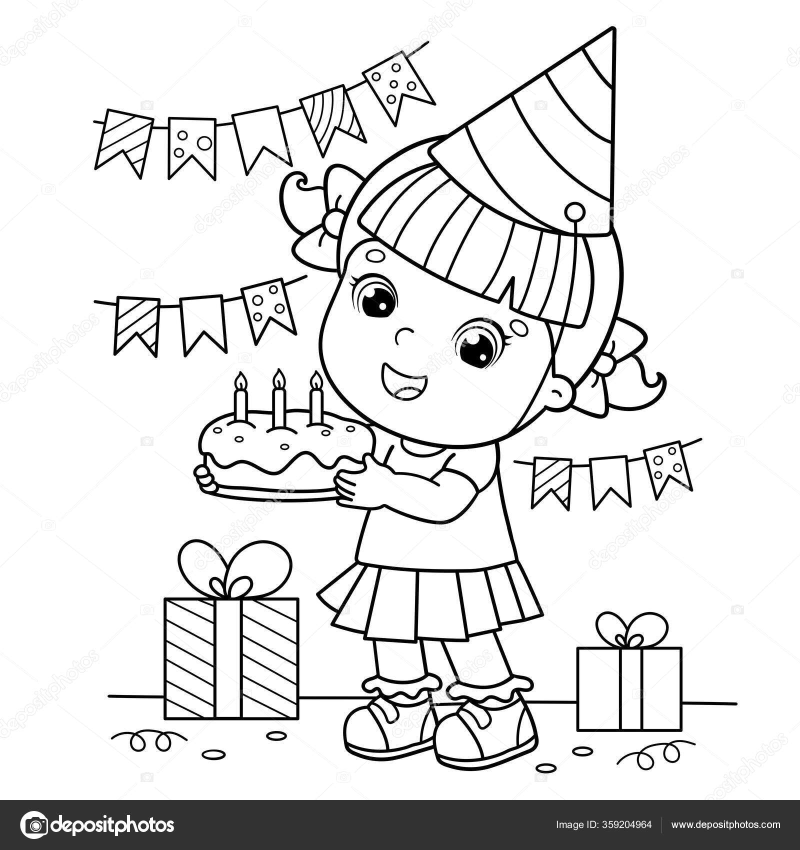 Coloring Page Outline Cartoon Girl Cake Gifts Holiday Birthday Coloring  Stock Vector Image by ©Oleon17 #359204964
