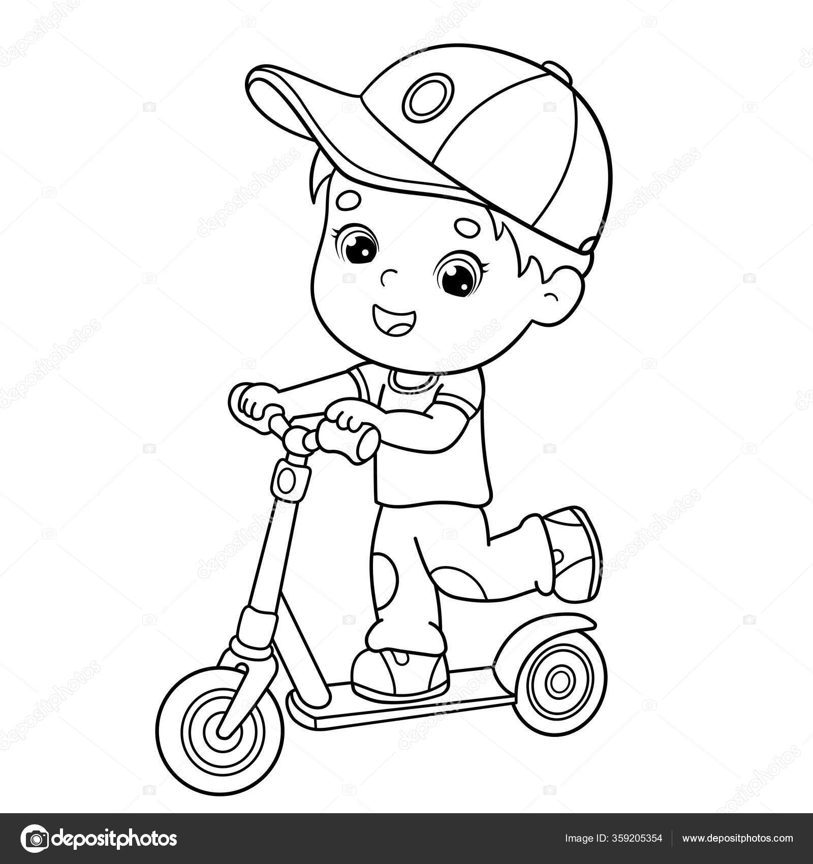 Desenho Página Colorir Menino Dos Desenhos Animados Scooter Livro Para  imagem vetorial de Oleon17© 359205354