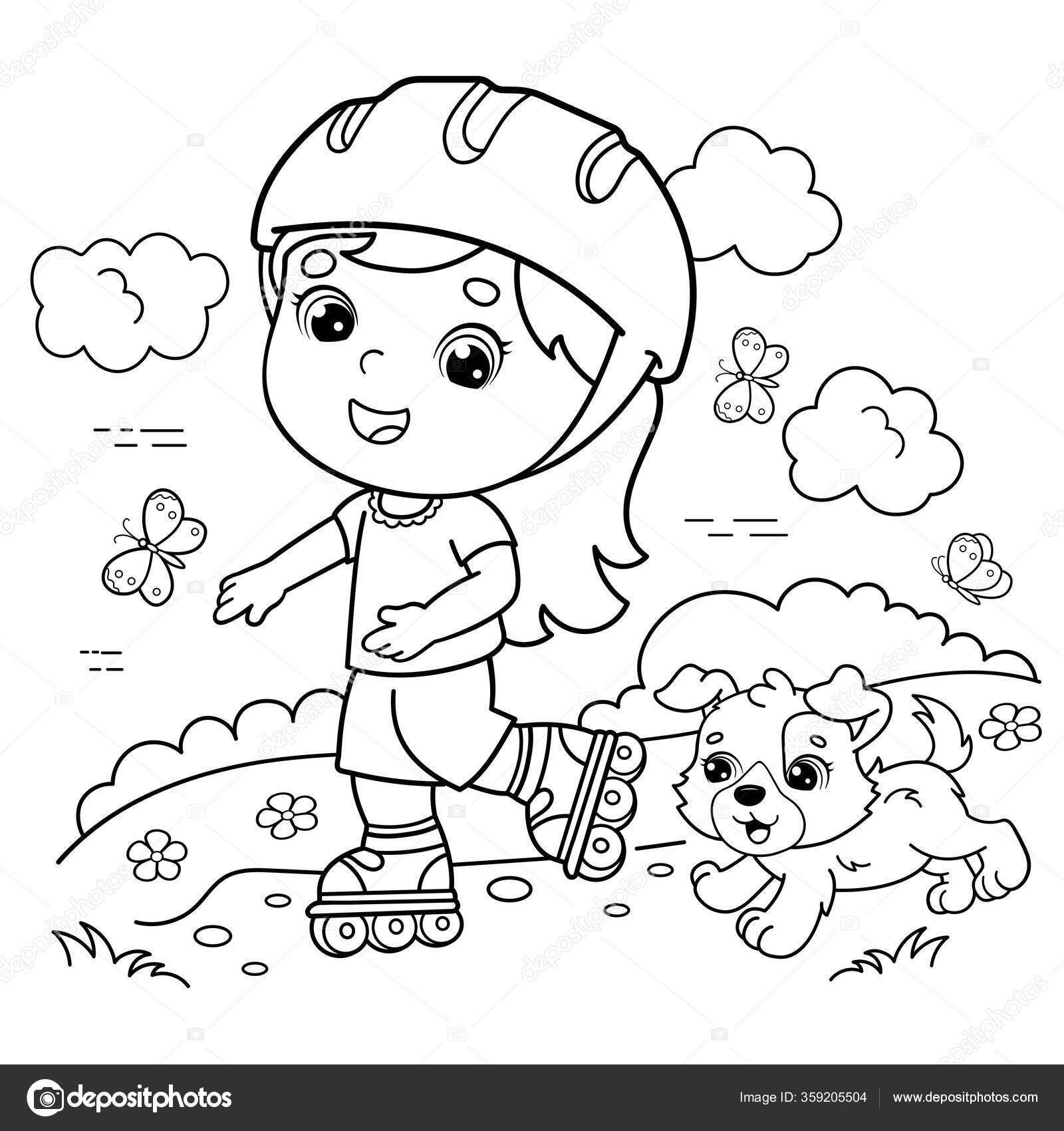 Desenho Página Colorir Menina Dos Desenhos Animados Nos Patins Com imagem  vetorial de Oleon17© 359205504