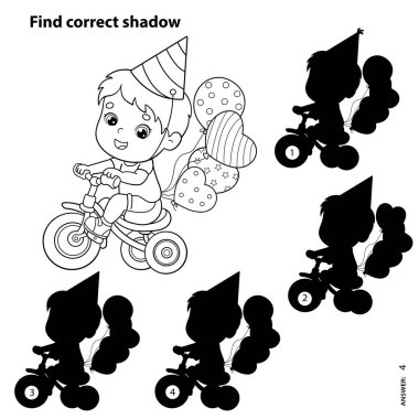 Çocuklar için bulmaca oyunu: Sayı oyunu. Çizgi film karakteri bir çocuğun bisiklet ya da balonla bisiklet sürüşünün ana hatları. Doğum günü. Çocuklar için boyama kitabı.