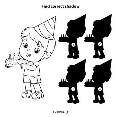 Çocuklar için bulmaca oyunu. Doğru gölgeyi bul. Tatilde elinde pastayla bir çizgi film karakterinin ana hatlarını boyamak. Doğum günü. Çocuklar için boyama kitabı.