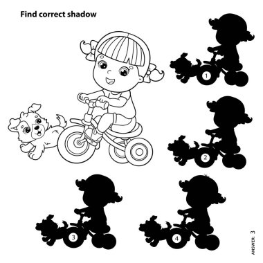 Çocuklar için bulmaca oyunu. Doğru gölgeyi bul. Çizgi filmdeki kızın bisiklet ya da bisikletle köpek sürüşünün ana hatları. Çocuklar için boyama kitabı.