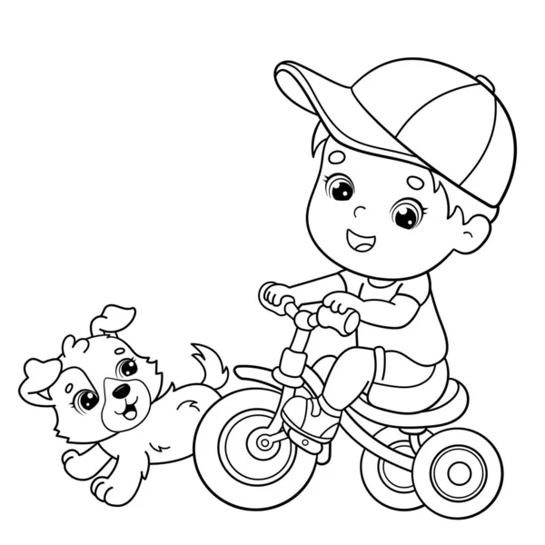 Esquema De Página Para Colorear De Un Niño De Dibujos Animados Montando Una  Bicicleta Con Una Cometa Y Con Un Perro. Libro Para Colorear Para Niños  Ilustraciones svg, vectoriales, clip art vectorizado