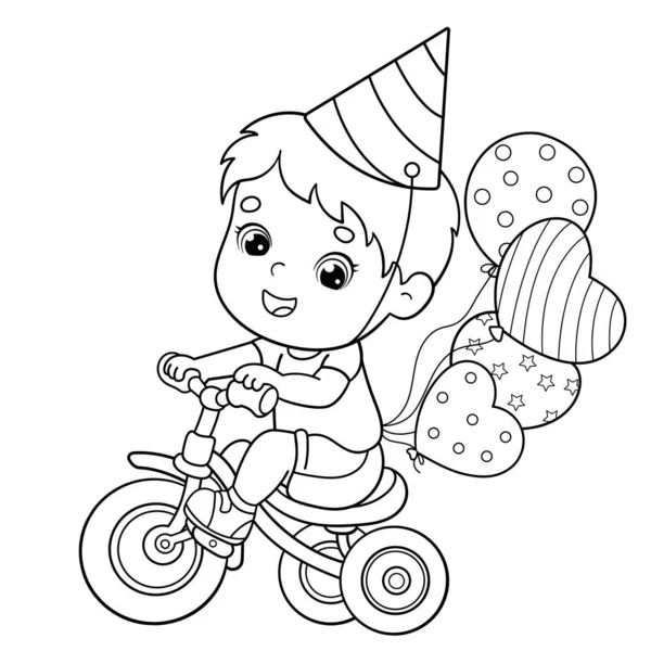 Página Para Colorear Esquema Niño Dibujos Animados Montando Una Bicicleta — Vector de stock