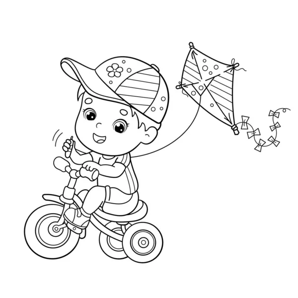 Coloring Page Outline Cartoon Boy Riding Bicycle Kite Coloring Book — Stock Vector